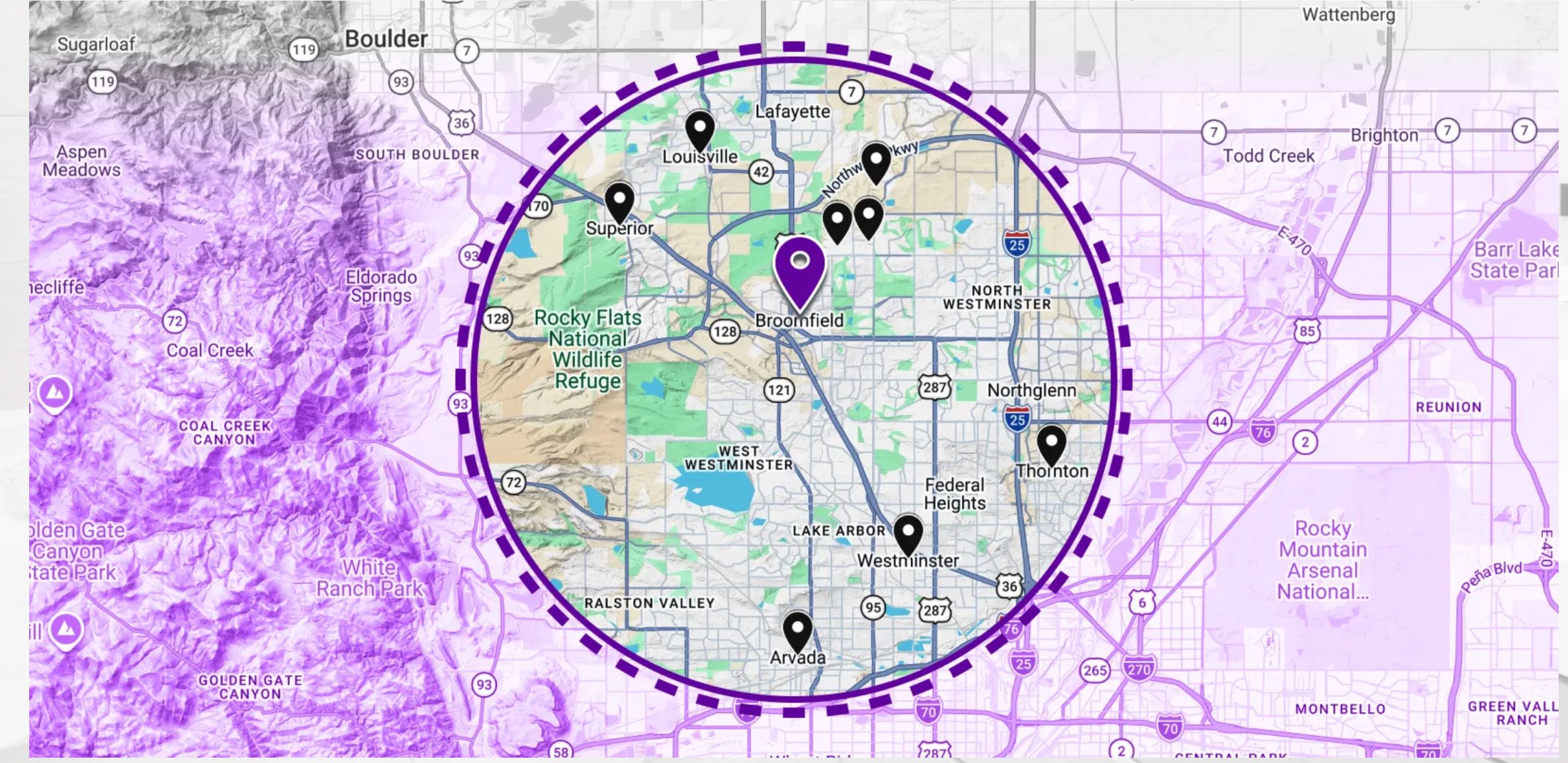 HireDADS service area map covering Broomfield CO and surrounding North Denver communities
